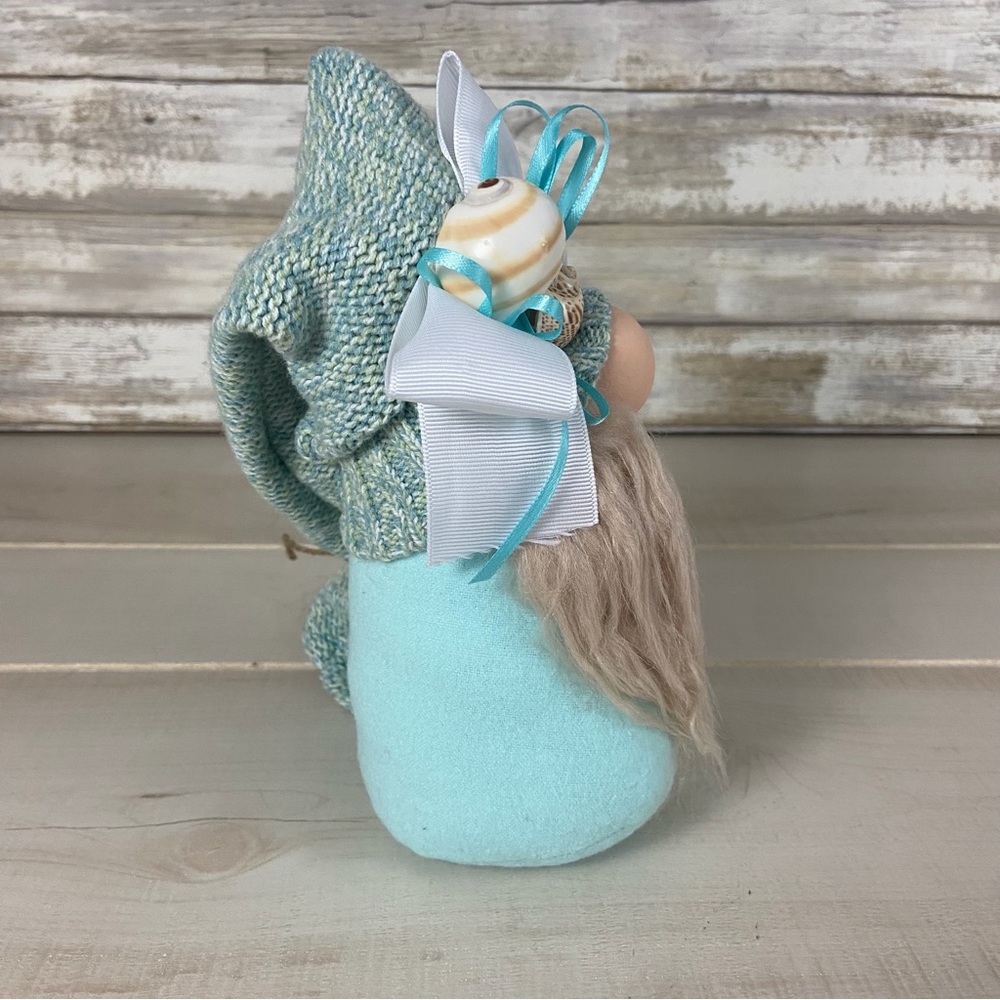 Gnome Beach Theme Aqua Flannel Sea Shells Coastal Home Decor Faux Fur Bows - Picture 8 of 11